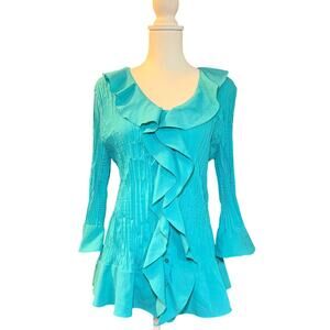 Vintage Worthington Teal Blue Ruffle Button Up Top Size XL